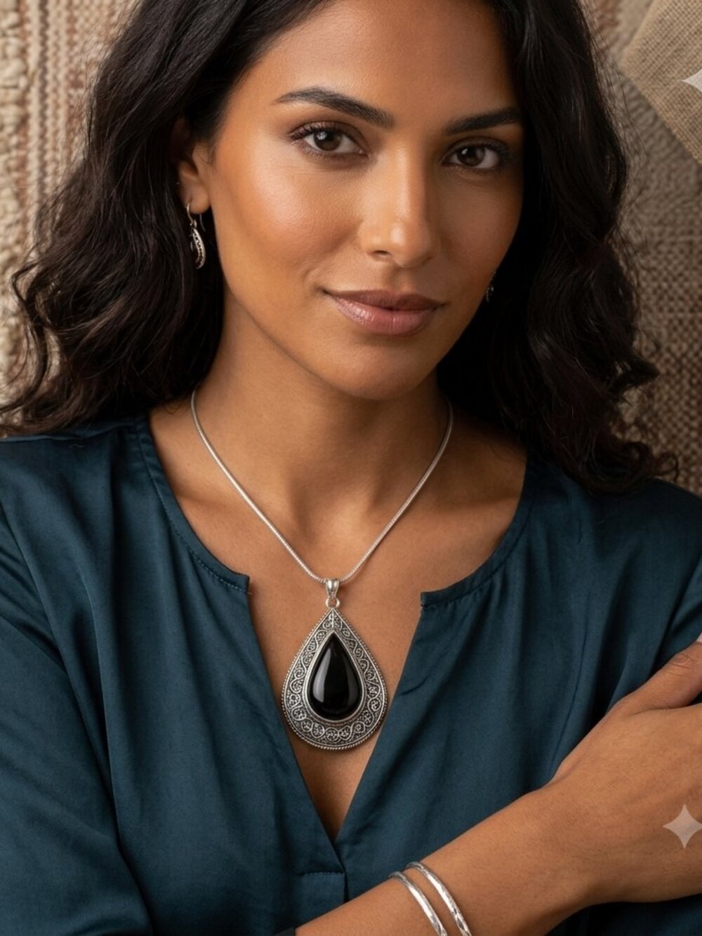 Boho Chic Silver & Black Necklace - Picture 5 of 6